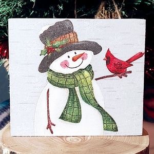 Hand Crafted Christmas Jolly Snowman With Cardinal Mini Wood Sign/Tiered Tray